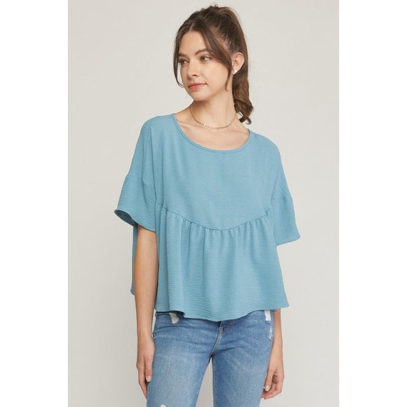 entro Tops - Entro Round Neck Babydoll Top, Blue